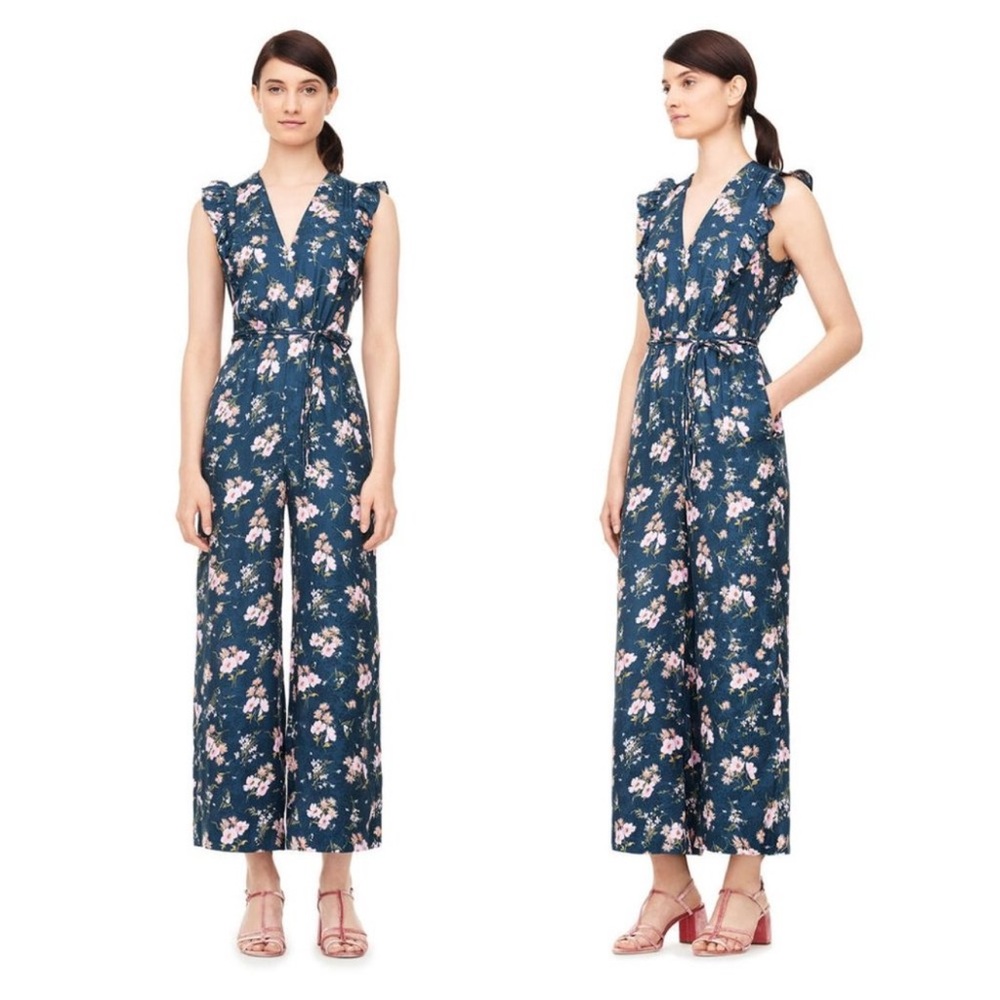 Rebecca Taylor “Emilia” Silk V-Neck Flutter Sleeve Teal Floral Jumpsuit, Size 2